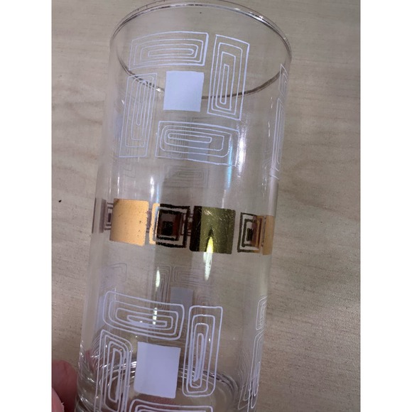 8 Vintage 1950's Block Geometric Tom Collins Glasses Gold Rim Metal Carrier - Picture 8 of 12